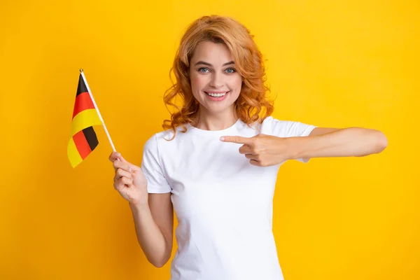 Happy Woman Holding Flag Germany Immigration Travelling Europe Germany Flag — Φωτογραφία Αρχείου