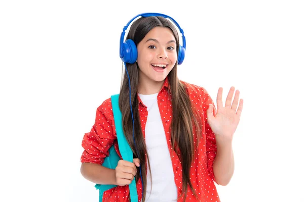 School Girl Headphones Isolated Studio Background School Music Concept Portrait — Stok fotoğraf