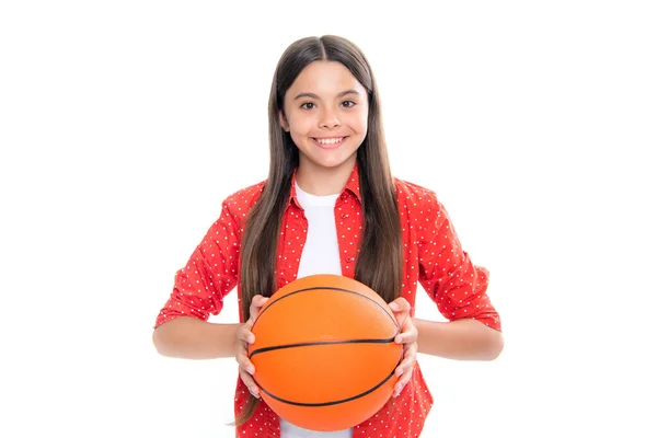 Teen Girl Basketball Ball Isolated White Background Portrait Happy Smiling —  Fotos de Stock