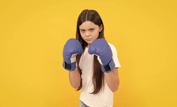 Angry Child Punching Boxing Gloves Yellow Background — Stock Photo, Image