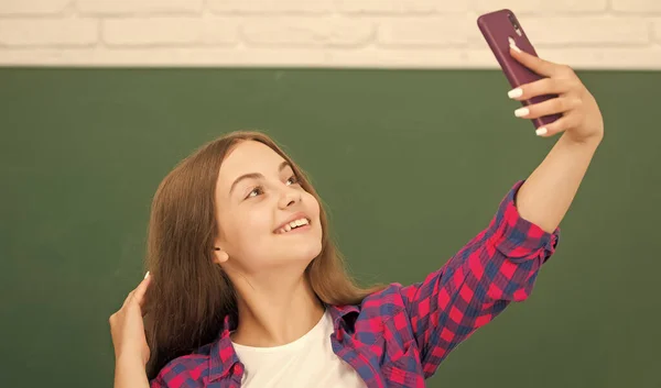 Happy Teen Girl Making Selfie Mobile Phone High School Blackboard — 图库照片