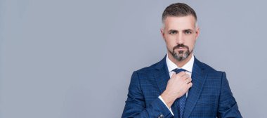 Man face portrait, banner with copy space. confident businessman in formalwear. business success. successful man in businesslike suit