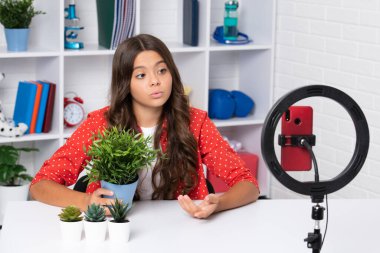 Neşeli çocuk vlogcusu telefonda video blogu yapıyor. Web günlüğü ve vlog. Genç kız blog yazarı etkileyicisi sosyal medya için video kaydediyor, akıllı telefondan online podcast yapıyor
