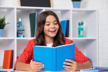 Back to school. Teenager schoolgirl reading book ready to learn. Happy girl face, positive and smiling emotions