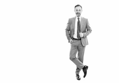 happy grizzled businessman in businesslike suit full length isolated on white copy space, business fashion.