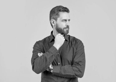 Berber sakal bakımını onayladı. Sakallı adam gri arka plan. Kes ve traş ol. Kuaför salonu. Düzenli olarak berberini ziyaret et..