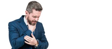 İnsan yüzü portresi, fotokopi alanı olan pankart. Takım elbiseli sağlıksız yönetmen boğaz ağrısı çekiyor. Beyaz bademcik iltihabı var.