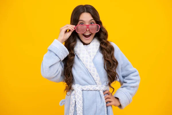 Portrait Crazy Teenage Girl Funny Glasses Pajama Home Bathrobe Feeling — Foto Stock