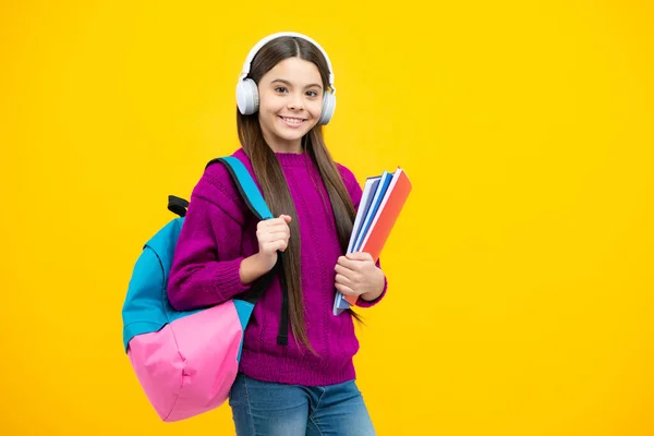 Schoolchild Teenage Student Girl Headphones School Bag Backpack Yellow Isolated — ストック写真