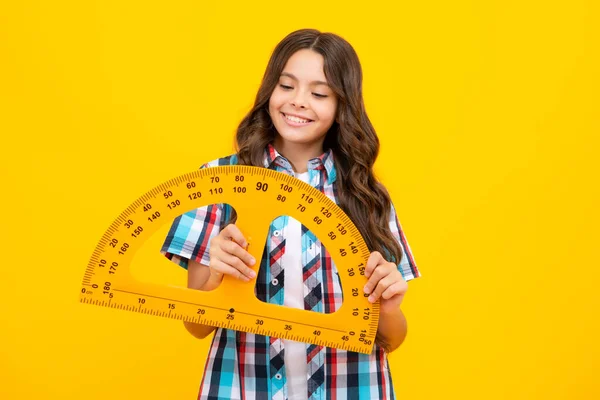 School Girl Holding Measure Geometry Lesson Isolated Yellow Background Measuring — Stok fotoğraf
