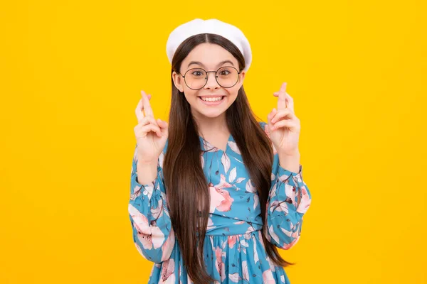 Happy Teenager Positive Smiling Emotions Joyful Teenager Girl Fingers Crossed — Foto Stock