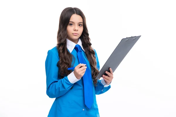 Serious Teenager Girl Shirt Tie Wearing Office Uniform Holding Clipboard — Stockfoto