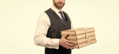 Kesilmiş adam hazırlık projesi. Belgeleri olan bir CEO. Elinde dosya olan yetişkin bir patron beyaza izole edilmiş. Bir sürü iş. İş adamlarının elinde dosya yığını var. güvenlik iş uzmanlığı.