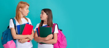 Mother and daughter child banner, copy space, isolated background. mom and teen girl study. private teacher and child carry backpack. family help