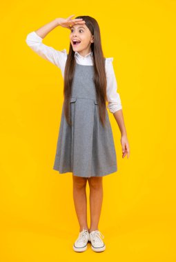 School uniform. Full length photo of brunette teen girl wear casual clothes isolated on yellow background