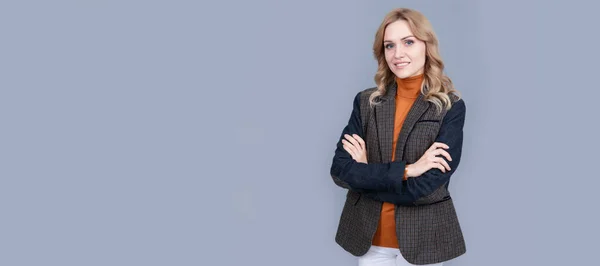 British Fashion Style Smiling Businesswoman English Clothes Grey Background Woman — Foto de Stock