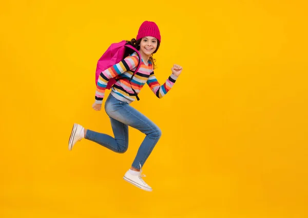 Schoolgirl Child Student Backpack Warn Hat Isolated Yellow Background Learning — 图库照片