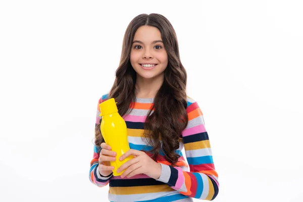 Teenage Girl Hold Water Bottle Isolated Yellow Background Water Bottle — 图库照片