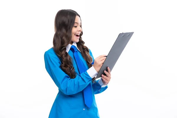 Excited Face Teenage Girl Looking Job List Clipboard White Background — Zdjęcie stockowe