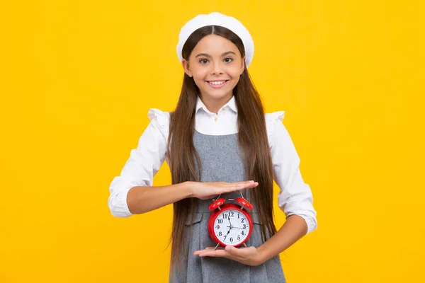 Child Student Girl Clock Isolated Yellow Background Child Back School — Zdjęcie stockowe