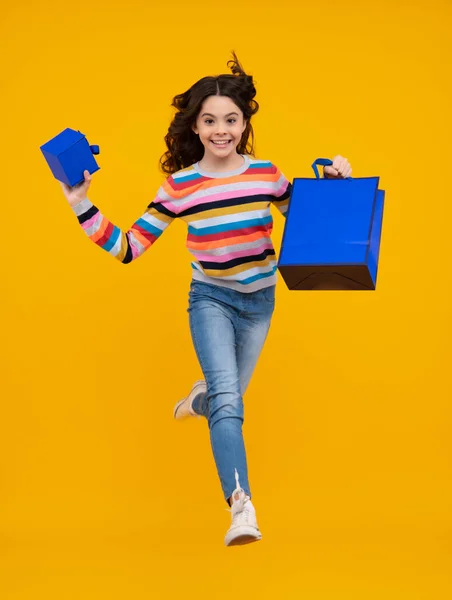 Stylish Teen Girl Shopping Sale Bags Kid Holding Purchases Run — 图库照片