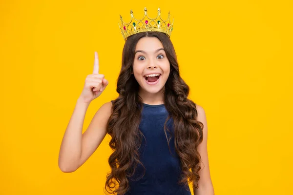stock image Beauty teen girl queen wear crown. Child in princess diadem. Happy girl face, positive and smiling emotions