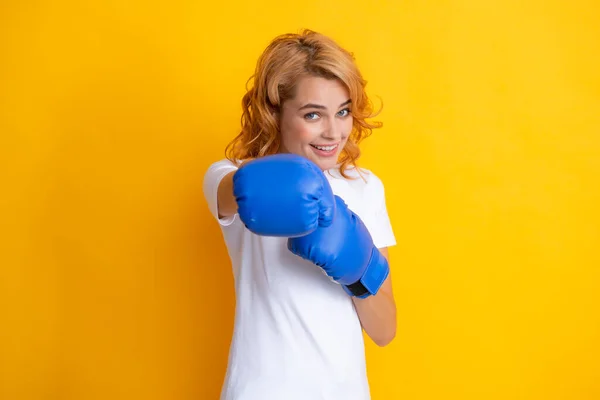 Redhead Woman Boxing Gloves Punching Isolated Yellow Background — 스톡 사진