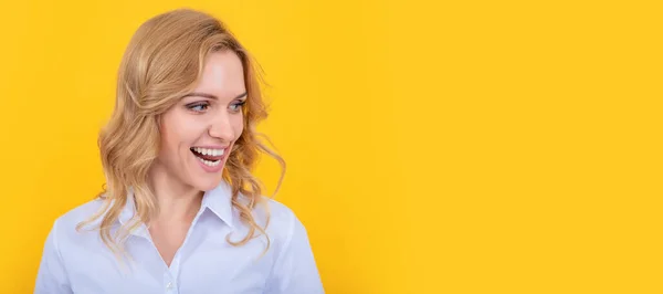 Happy Blonde Woman Curly Hair Yellow Background Woman Isolated Face —  Fotos de Stock