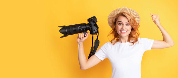 Woman isolated face portrait, banner with mock up copy space. glad woman in straw hat photographing. girl hold photo camera