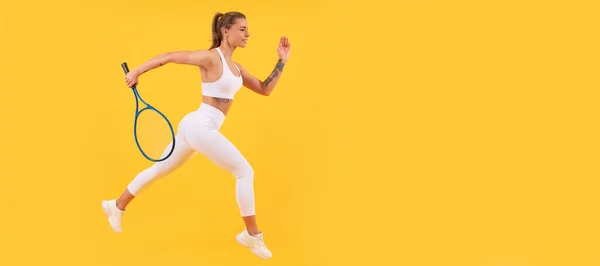 Woman Jumping Running Banner Mock Copyspace Dedicated Fitness Tennis Badminton — Stockfoto