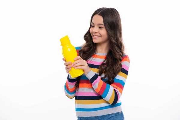 Teenage Girl Hold Water Bottle Isolated Yellow Background Water Bottle — Foto Stock