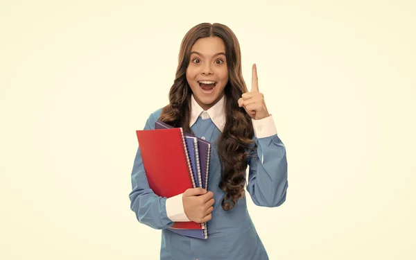 inspired with idea. teen girl with notebook. back to school. child ready to study. childhood development. kid with homework. student isolated on white. high school education. schoolgirl with copybook.