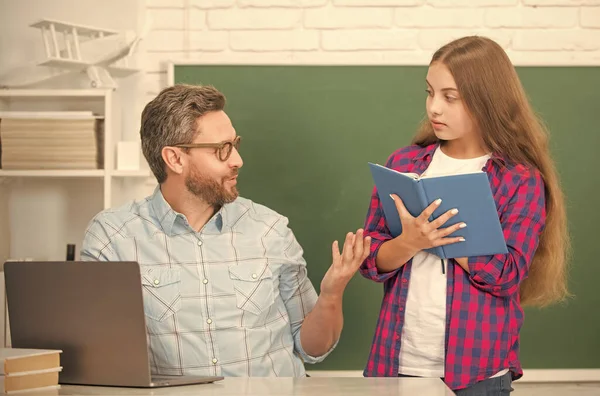 Curious Teen Girl Teacher Man High School Workbook Blackboard Communication — Stockfoto