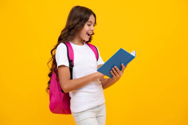 Okula dönelim. Okul çantalı liseli kız izole stüdyo geçmişi üzerine kitap tutuyor. Okul ve eğitim kavramı. Okul üniformalı ergen kız.