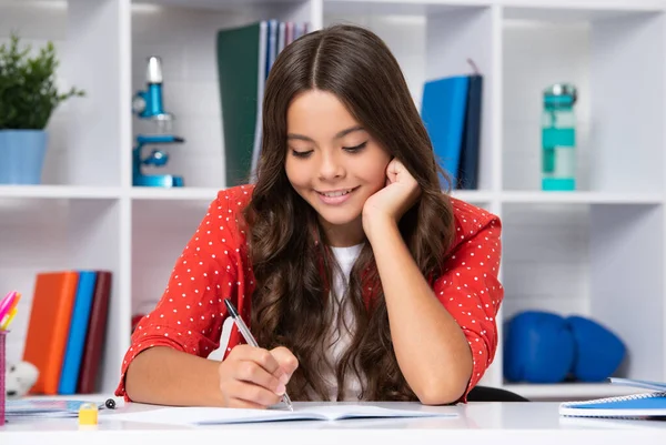 School Student Writing Exercise Book Studying Classroom Happy Schoolgirl — Stock fotografie