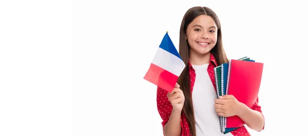 Happy Teen Girl Hold French Flag School Copybook Studying Education — Stock Fotó