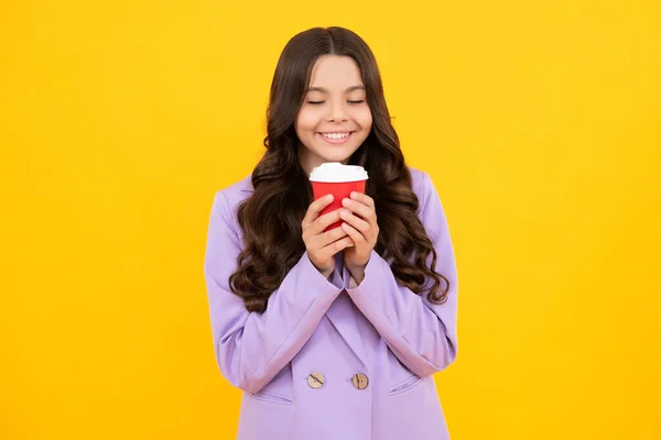 Kid Girl Years Old Take Away Cup Cappuccino Coffee Tea — Foto de Stock