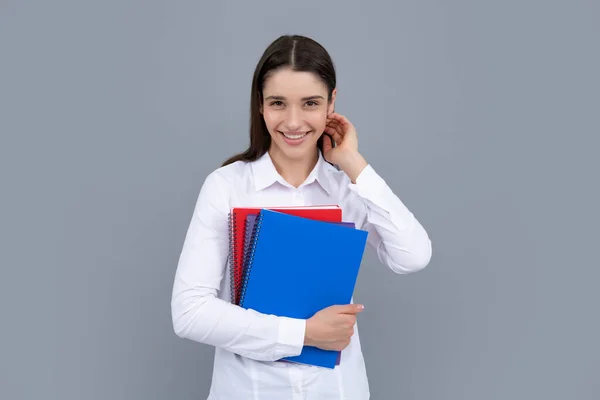 Teenager Student Girl Isolated Grey Background Cheerful Young Woman Student — Fotografia de Stock