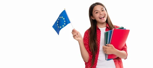 Child Hold European Union Flag School Copybook Studying Isolated White — Photo