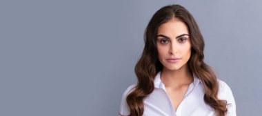 I am a woman. Woman portrait grey background. Career girl face. Business professional. Woman isolated face portrait, banner with mock up copy space