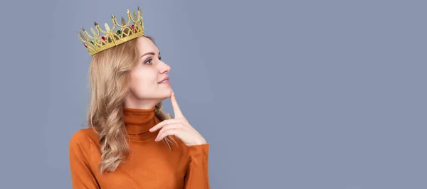 Princess woman with crown. Woman portrait, isolated header banner with copy space. thoughtful blonde woman in crown. arrogance and selfishness. portrait of glory