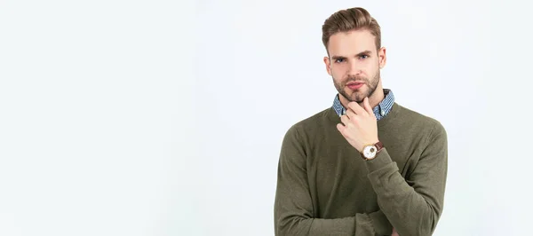 Homem Bonito Com Cabelo Elegante Desgaste Relógio Pulso Isolado Branco — Fotografia de Stock