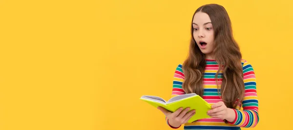 OMG. Shocked child read book. School education. Keep calm and read a book. Banner of school girl student. Schoolgirl pupil portrait with copy space