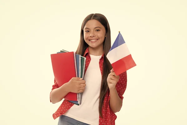 Ευτυχισμένη Έφηβος Κορίτσι Κατέχουν Γαλλική Σημαία Και Σχολικό Βιβλίο Για — Φωτογραφία Αρχείου