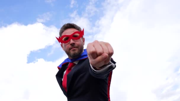 Businessman Superhero Suit Flying Raised Hand Business Success — Stockvideo