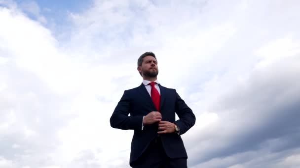 Manager Executive Man Businesslike Suit Sky Background Male Formal Fashion — Αρχείο Βίντεο