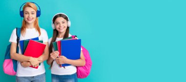 Mother and daughter child banner, copy space, isolated background. private teacher and child carry backpack. family help. mother and daughter