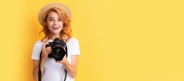 photoshoot. photographic work. taking pictures. female photographer. surprised woman. Woman isolated face portrait, banner with mock up copy space