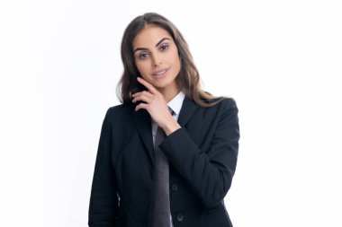 Female student, young teacher. Elegant young businesswoman on white studio background. Portrait of a beautiful business woman