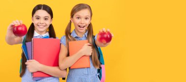 School girls friends. Happy teen girls with books show apples. Portrait of schoolgirl student, studio banner header. School child face, copyspace